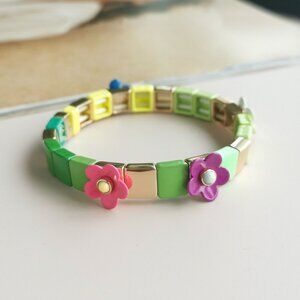 Roxanne Assoulin Garden Variety Flower Grass Enamel Stretch Bracelet Colorful Go